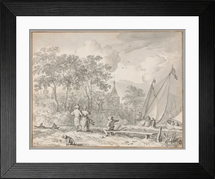 Framed Print : Landscape with Elegant Figures by a River, with Boats to the Right and a Town Behind... n.d. Creator: Allart van Everdingen