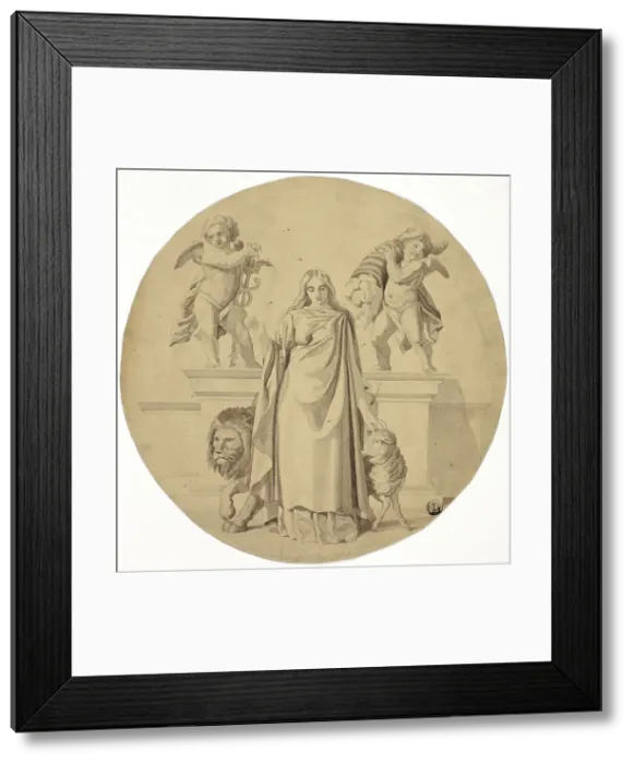 Framed Print : Allegorical Female Figure with Lion, Lamb, Two Putti, n.d. Creator: Frederic Leighton Framed Print : Allegorical Female Figure with Lion, Lamb, Two Putti, n.d. Creator: Frederic Leighton