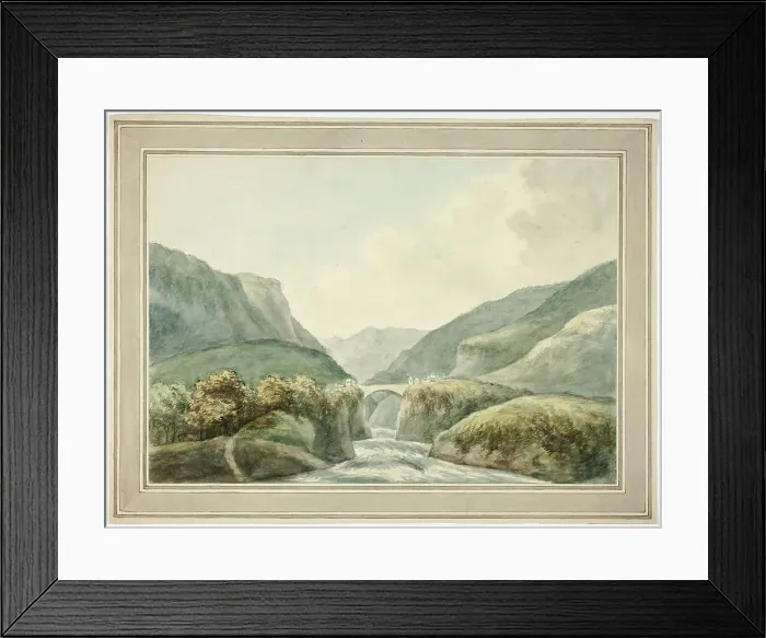 Framed Print : Mountain Town by Bridge Spanning Rapids, 1769-1831. Creator: Unknown Framed Print : Mountain Town by Bridge Spanning Rapids, 1769-1831. Creator: Unknown