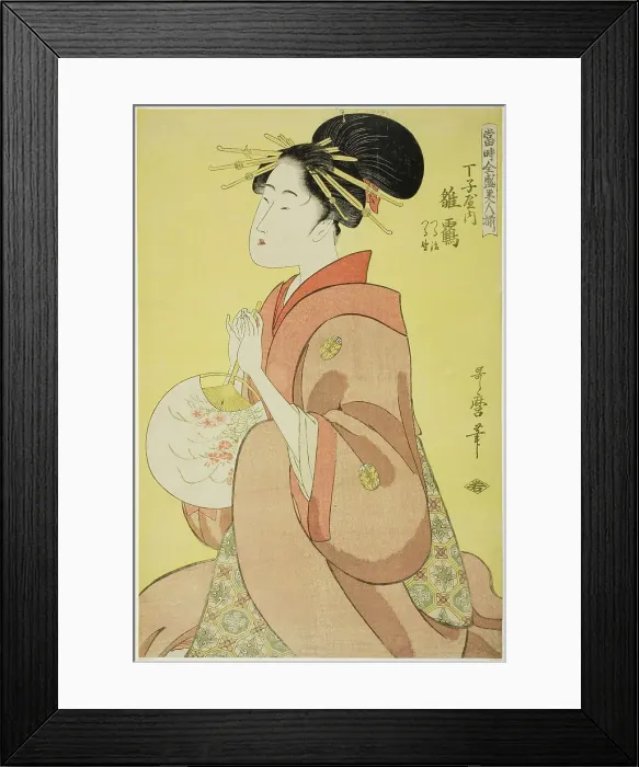 Framed Print : Hinazuru of the Chojiya, Whose Attendants Are Tsuruji and Tsuruno (Chojiya uchi Hinazuru... 1794. Creator: Kitagawa Utamaro) Framed Print : Hinazuru of the Chojiya, Whose Attendants Are Tsuruji and Tsuruno (Chojiya uchi Hinazuru... 1794. Creator: Kitagawa Utamaro)
