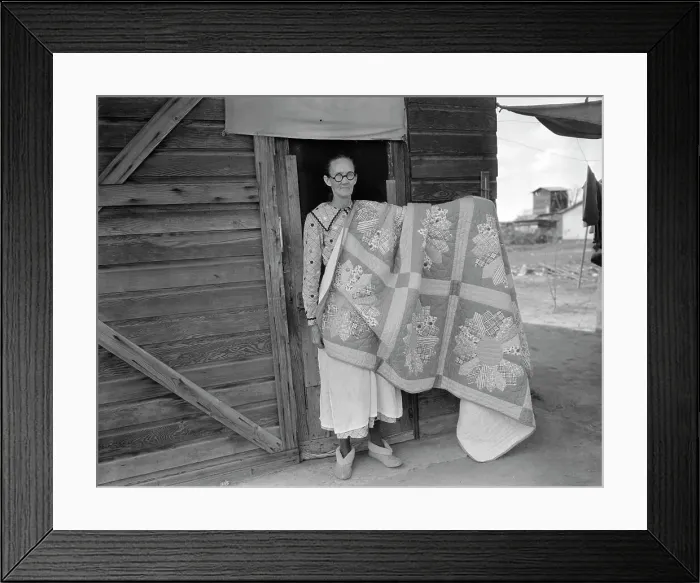 Framed Print : Grandmother from Oklahoma and her pieced quilt, California, Kern County, 1936. Creator: Dorothea Lange Framed Print : Grandmother from Oklahoma and her pieced quilt, California, Kern County, 1936. Creator: Dorothea Lange
