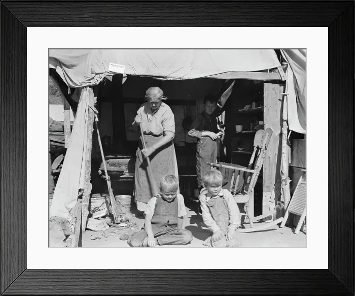 Framed Print : Aged woman with three of her twenty-two grandchildren, Kern county migrant camp, California, 1936. Creator: Dorothea Lange Framed Print : Aged woman with three of her twenty-two grandchildren, Kern county migrant camp, California, 1936. Creator: Dorothea Lange