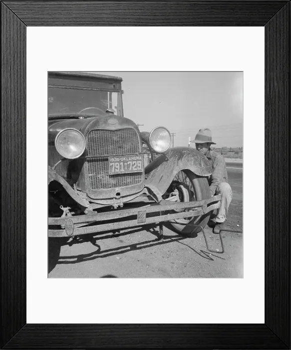 Framed Print : Migrant worker from Oklahoma repairing tire on California highway, 1936. Creator: Dorothea Lange Framed Print : Migrant worker from Oklahoma repairing tire on California highway, 1936. Creator: Dorothea Lange