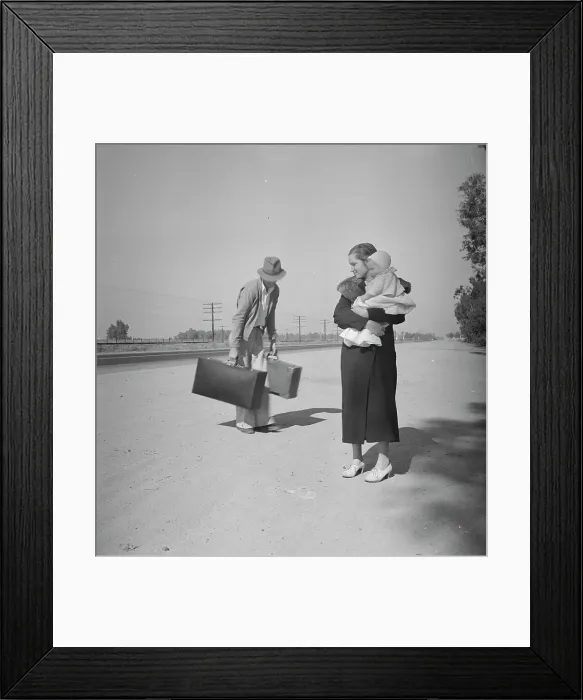 Framed Print : Young family, penniless, hitchhiking on U.S. Highway 99 in California, 1936. Creator: Dorothea Lange Framed Print : Young family, penniless, hitchhiking on U.S. Highway 99 in California, 1936. Creator: Dorothea Lange