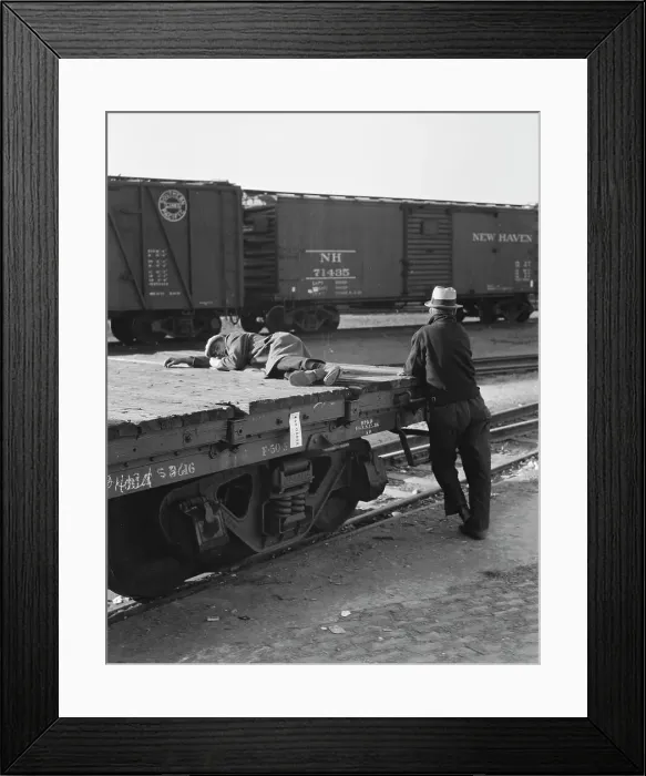 Framed Print : Scene in railroad yard, Sacramento, California, 1936. Creator: Dorothea Lange Framed Print : Scene in railroad yard, Sacramento, California, 1936. Creator: Dorothea Lange