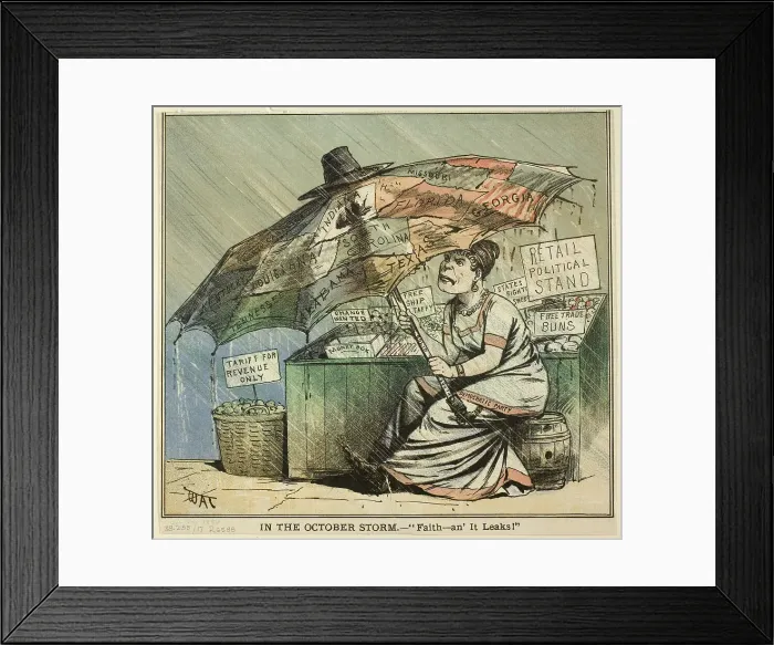 Framed Print : In the October Storm, from Puck, published October 29, 1880. Creator: James Albert Wales Framed Print : In the October Storm, from Puck, published October 29, 1880. Creator: James Albert Wales