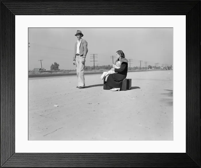 Framed Print : Young family, penniless, hitchhiking on U.S. Highway 99, California, 1936. Creator: Dorothea Lange Framed Print : Young family, penniless, hitchhiking on U.S. Highway 99, California, 1936. Creator: Dorothea Lange