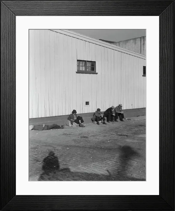 Framed Print : On the sun side of the shed, Transient men, San Francisco, California, 1936. Creator: Dorothea Lange Framed Print : On the sun side of the shed, Transient men, San Francisco, California, 1936. Creator: Dorothea Lange