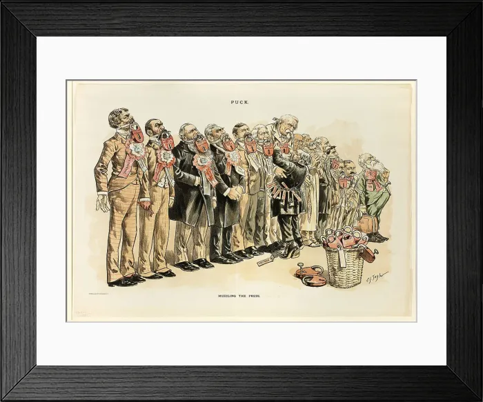 Framed Print : Muzzling the Press, from Puck, published May, 1889. Creator: Charles Jay Taylor Framed Print : Muzzling the Press, from Puck, published May, 1889. Creator: Charles Jay Taylor