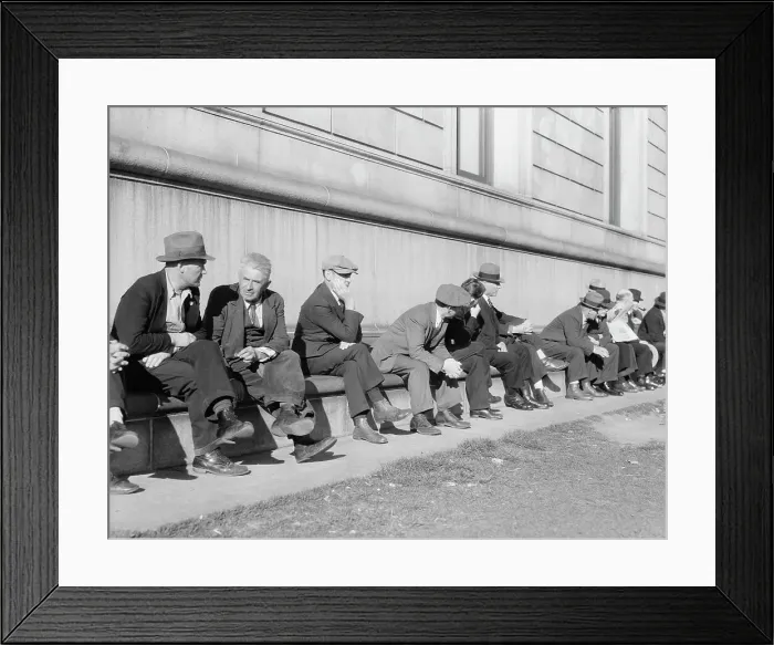 Framed Print : Unemployed men sitting on the sunny side of the San Francisco Public Library, California, 1937. Creator: Dorothea Lange Framed Print : Unemployed men sitting on the sunny side of the San Francisco Public Library, California, 1937. Creator: Dorothea Lange