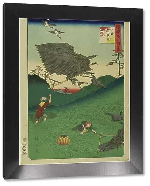 Netting Wild Geese on the Hill at Okoshi, Iyo Province (Iyo Okoshi kamo saka ami) from the... 1861. Creator: Utagawa Hiroshige II