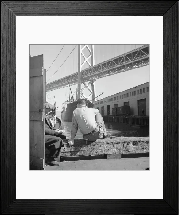 Framed Print : Longshoremen's lunch hour, San Francisco waterfront, California, 1937. Creator: Dorothea Lange Framed Print : Longshoremen's lunch hour, San Francisco waterfront, California, 1937. Creator: Dorothea Lange