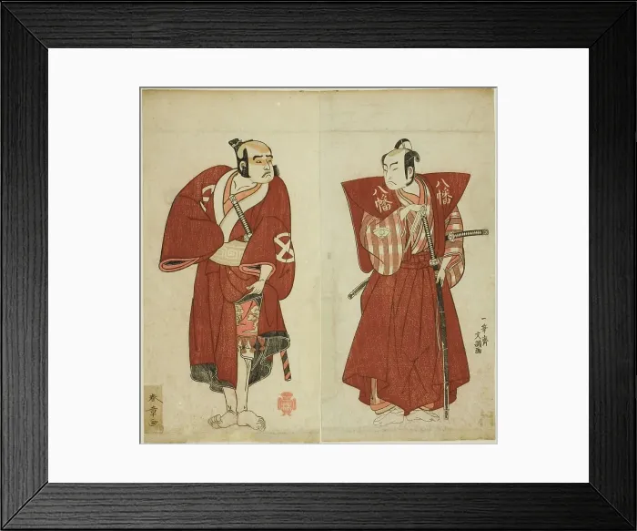 Framed Print : The Actors Onoe Matsusuke I as Yawata no Saburo (right), and Otani Tomoemon I as the... c. 1772. Creator: Shunsho Framed Print : The Actors Onoe Matsusuke I as Yawata no Saburo (right), and Otani Tomoemon I as the... c. 1772. Creator: Shunsho