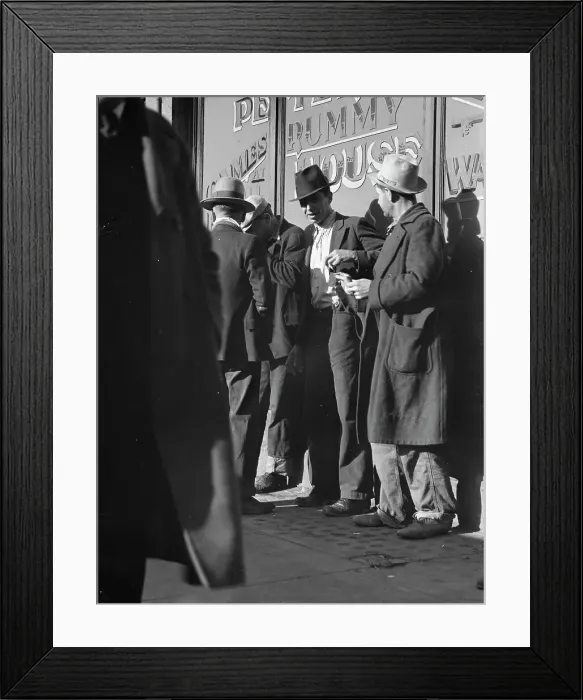 Framed Print : Unemployed men on Howard Street, San Francisco, California, 1937. Creator: Dorothea Lange Framed Print : Unemployed men on Howard Street, San Francisco, California, 1937. Creator: Dorothea Lange
