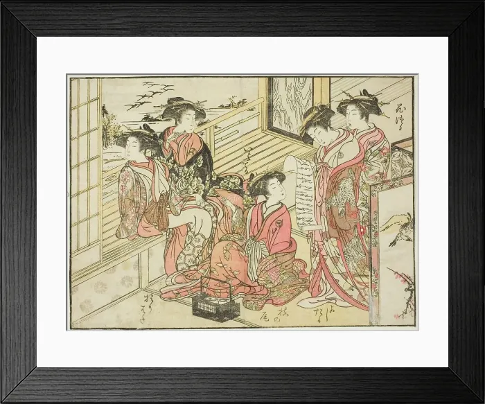 Framed Print : Courtesans of Okamoto, from the book Mirror of Beautiful Women of the Pleasure Quarters... 1776. Creator: Shunsho. Courtesans of Okamoto, from the book Mirror of Beautiful Women of the Pleasure Quarters... 1776. Creator: Shunsho