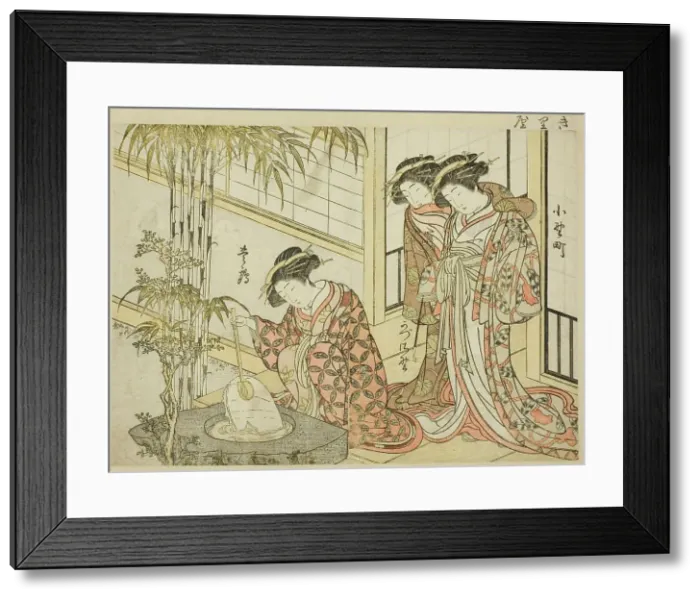 Framed Print : Courtesans of Maruya, from the book Mirror of Beautiful Women of the Pleasure Quarters... 1776. Creator: Shunsho. Courtesans of Maruya, from the book Mirror of Beautiful Women of the Pleasure Quarters... 1776. Creator: Shunsho
