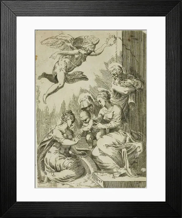 Framed Print : Holy Family Crowned by an Angel, 1530 / 35. Creator: Master F. P Framed Print : Holy Family Crowned by an Angel, 1530 / 35. Creator: Master F. P