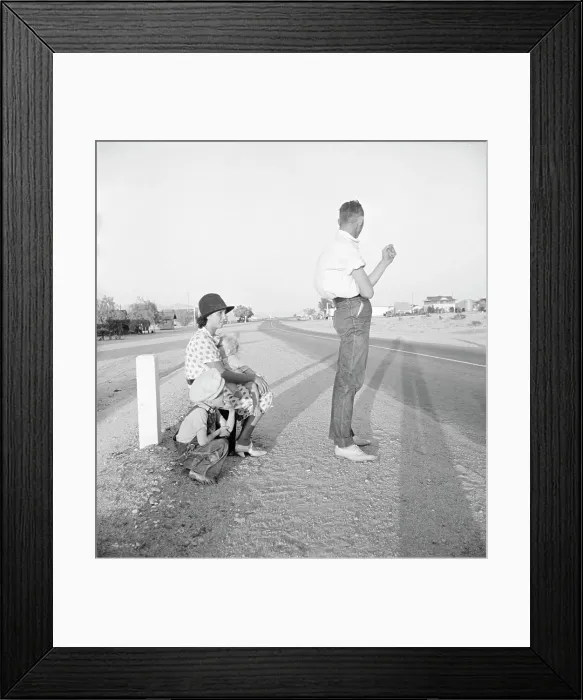 Framed Print : Oklahoma farm family on highway between Blythe and Indio - self-resettlement in California. 1936. Creator: Dorothea Lange Framed Print : Oklahoma farm family on highway between Blythe and Indio - self-resettlement in California. 1936. Creator: Dorothea Lange