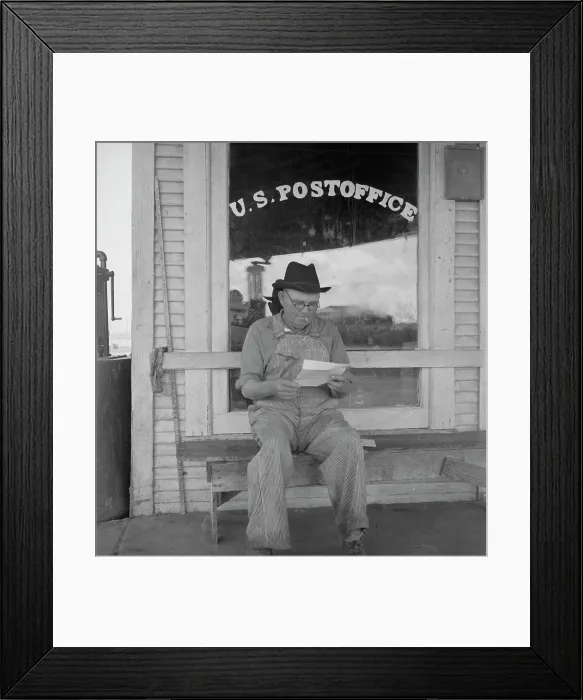 Framed Print : Man in front of post office, Carey, Texas, 1937. Creator: Dorothea Lange Framed Print : Man in front of post office, Carey, Texas, 1937. Creator: Dorothea Lange