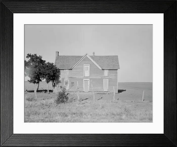 Framed Print : Vacant farmhouse in area of mechanization and drought near Olustee, Oklahoma, 1938. Creator: Dorothea Lange Framed Print : Vacant farmhouse in area of mechanization and drought near Olustee, Oklahoma, 1938. Creator: Dorothea Lange