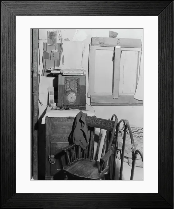 Framed Print : Inside of one-room shack of Rural Rehabilitation client, Tulare County, California, 1938. Creator: Dorothea Lange Framed Print : Inside of one-room shack of Rural Rehabilitation client, Tulare County, California, 1938. Creator: Dorothea Lange