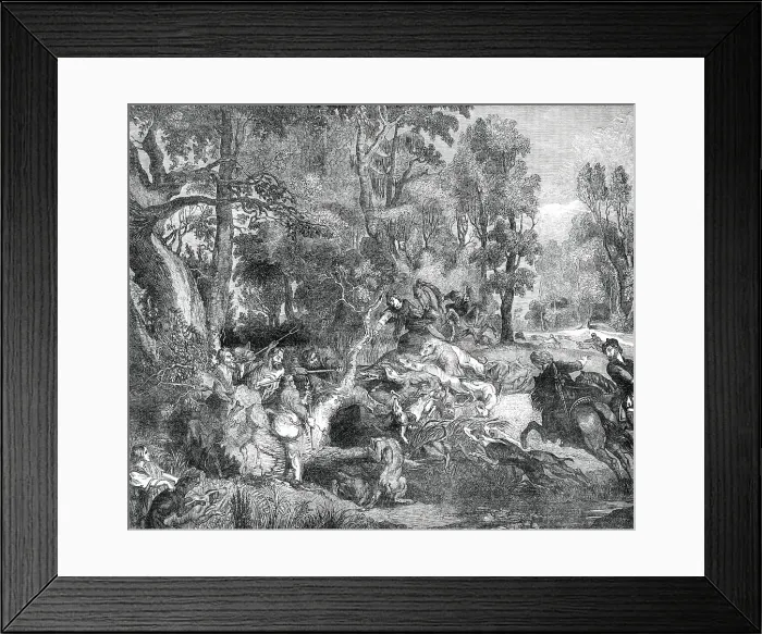 Framed Print : The Boar-Hunt - painted by Rubens - from the Gallery of the late King of Holland, 1850. Creator: Unknown