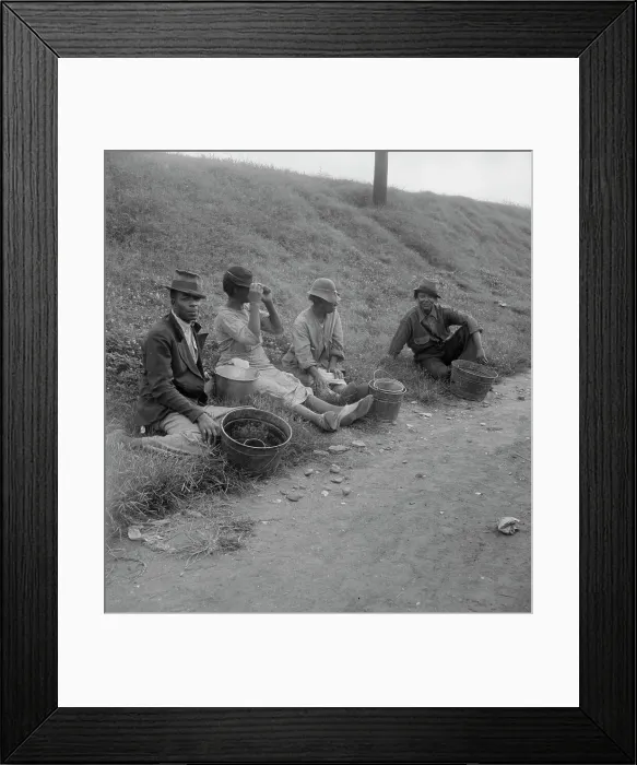 Framed Print : Berry pickers at 5 am, waiting for the truck to haul them to work, Memphis, Tennessee, 1938. Creator: Dorothea Lange Framed Print : Berry pickers at 5 am, waiting for the truck to haul them to work, Memphis, Tennessee, 1938. Creator: Dorothea Lange