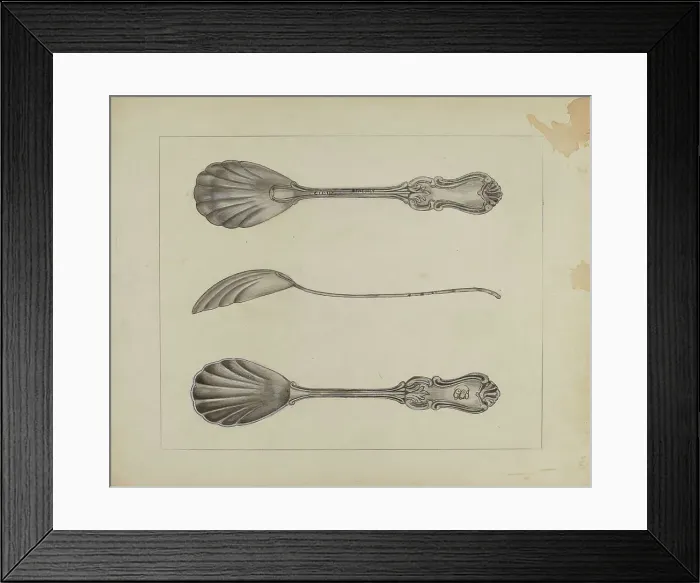 Framed Print : Two Silver Sugar Spoons, c. 1936. Creator: Anthony Zuccarello Framed Print : Two Silver Sugar Spoons, c. 1936. Creator: Anthony Zuccarello