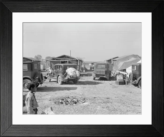 Framed Print : Housing for migratory workers in cotton, five miles north of Corcoran, California, 1936. Creator: Dorothea Lange Framed Print : Housing for migratory workers in cotton, five miles north of Corcoran, California, 1936. Creator: Dorothea Lange