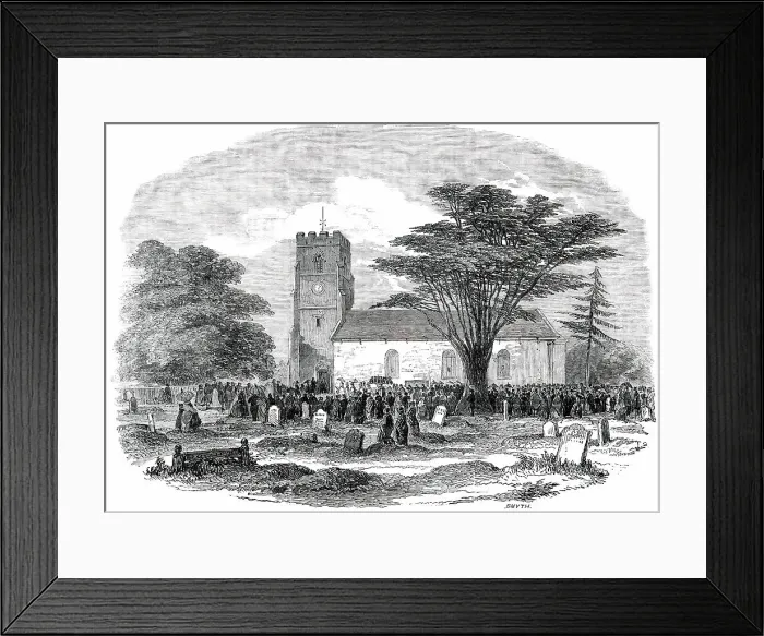 Framed Print : Exterior of the Church at Drayton Bassett, (funeral of Sir Robert Peel), 1850. Creator: Unknown Framed Print : Exterior of the Church at Drayton Bassett, (funeral of Sir Robert Peel), 1850. Creator: Unknown
