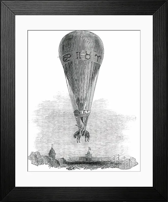 Framed Print : Ascent of M. Poiteven, on Horseback, in a Balloon, from the Champ de Mars, Paris, 1850. Creator: Unknown Framed Print : Ascent of M. Poiteven, on Horseback, in a Balloon, from the Champ de Mars, Paris, 1850. Creator: Unknown