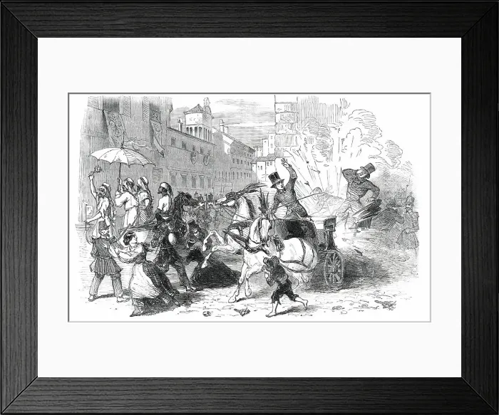 Framed Print : The Carnival at Rome - Explosion of a Hand-Grenade in the Carriage of the Prince of Musignano, 1850. Creator: Unknown Framed Print : The Carnival at Rome - Explosion of a Hand-Grenade in the Carriage of the Prince of Musignano, 1850. Creator: Unknown
