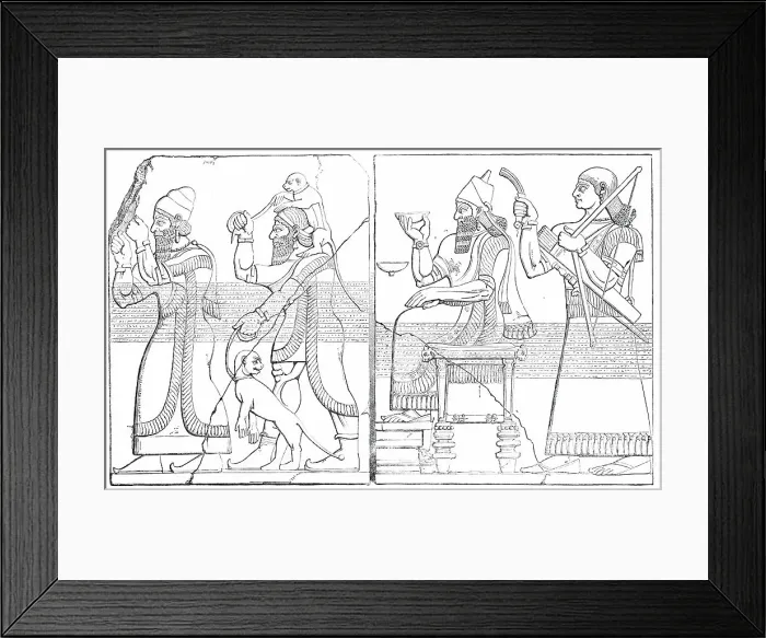 Framed Print : Nimroud Sculptures at the British Museum - Tribute Bearers; Assyrian King and Sword-Bearer, 1850. Creator: Unknown Framed Print : Nimroud Sculptures at the British Museum - Tribute Bearers; Assyrian King and Sword-Bearer, 1850. Creator: Unknown