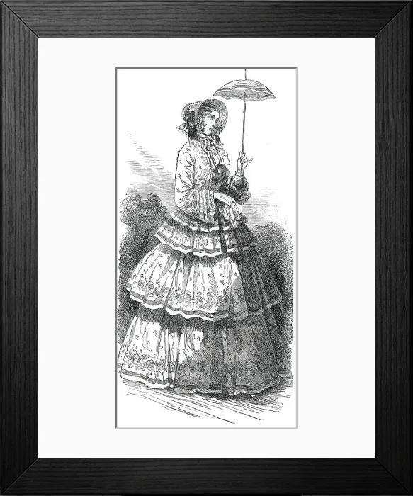 Framed Print : Paris Fashions for August - Promenade Dress, 1850. Creator: Unknown Framed Print : Paris Fashions for August - Promenade Dress, 1850. Creator: Unknown