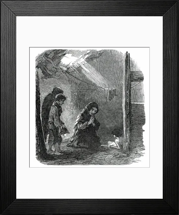 Framed Print : Sketch in a House at Fahey's Quay, Ennis - the Widow Connor and her Dying Child, 1850. Creator: Unknown Framed Print : Sketch in a House at Fahey's Quay, Ennis - the Widow Connor and her Dying Child, 1850. Creator: Unknown