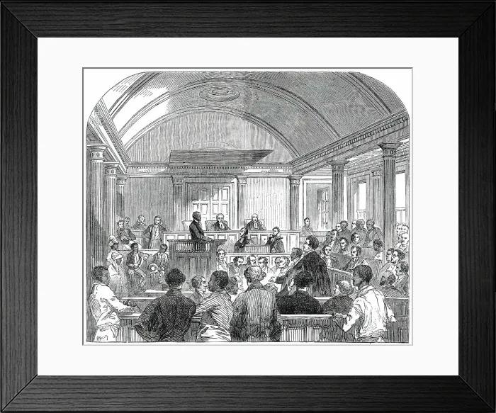 Framed Print : Trial of the Rioters (Oct. 1) in the Court-House, at Trinidad, 1850. Creator: Unknown Framed Print : Trial of the Rioters (Oct. 1) in the Court-House, at Trinidad, 1850. Creator: Unknown