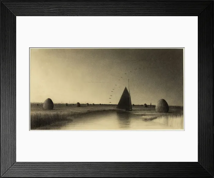Framed Print : Sailboat and Haystacks on Newbury Marsh, n.d. Creator: Unknown Framed Print : Sailboat and Haystacks on Newbury Marsh, n.d. Creator: Unknown
