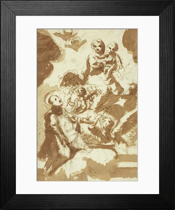 Framed Print : Virgin and Child on Clouds with Kneeling Male Saint (recto); Sketch of Two Female... n.d. Creator: Unknown Framed Print : Virgin and Child on Clouds with Kneeling Male Saint (recto); Sketch of Two Female... n.d. Creator: Unknown