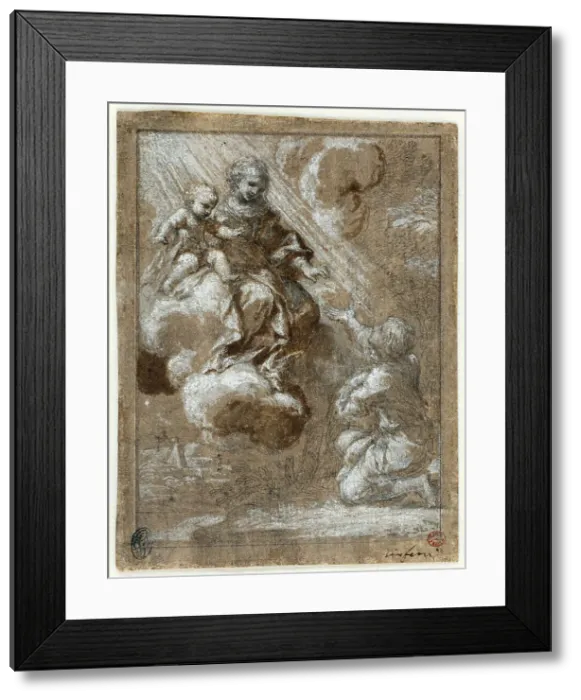 Framed Print : The Madonna and Child in Glory Appearing to a Kneeling Young Man, 1655 / 59. Creator: Bernardino Lanino Framed Print : The Madonna and Child in Glory Appearing to a Kneeling Young Man, 1655 / 59. Creator: Bernardino Lanino