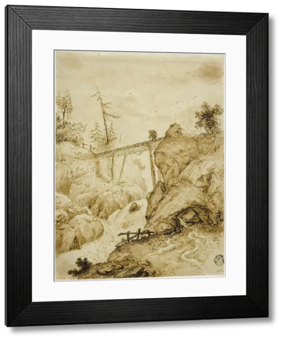 Framed Print : Man Crossing Log Bridge over Torrent, n.d. Creator: Jan van Eyck Framed Print : Man Crossing Log Bridge over Torrent, n.d. Creator: Jan van Eyck