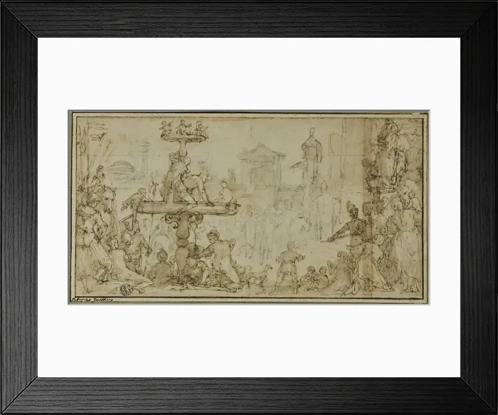 Framed Print : A Pope Receiving a Dignitary in a Public Place (recto) Caricatures of Heads (verso), c.1582. Creator: Federico Zuccaro Framed Print : A Pope Receiving a Dignitary in a Public Place (recto) Caricatures of Heads (verso), c.1582. Creator: Federico Zuccaro