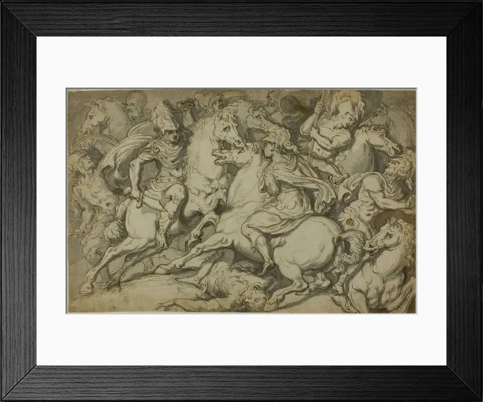 Framed Print : Cavalry Skirmish (recto); Kneeling Ecorché (verso), 1530 / 39. Creator: Francesco Salviati Framed Print : Cavalry Skirmish (recto); Kneeling Ecorché (verso), 1530 / 39. Creator: Francesco Salviati