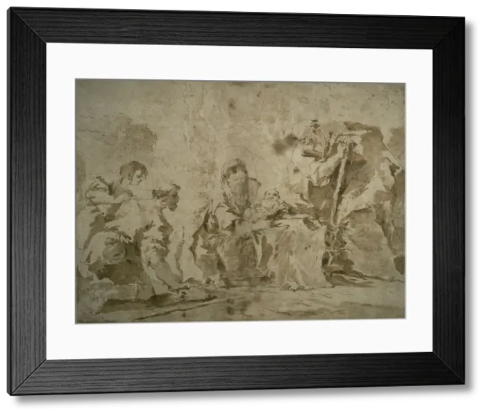 Framed Print : Adoration of the Shepherds (recto); Three Sketches: Buildings by Canal with... (verso), c.1770. Creator: Francesco Guardi Framed Print : Adoration of the Shepherds (recto); Three Sketches: Buildings by Canal with... (verso), c.1770. Creator: Francesco Guardi