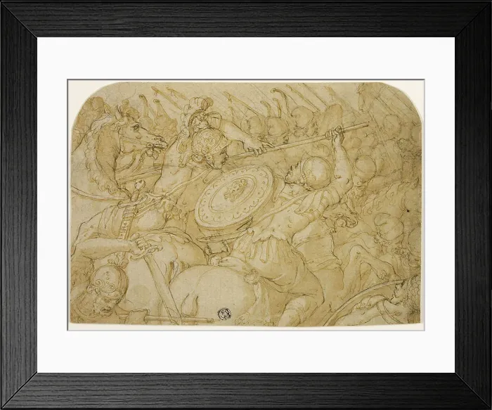 Framed Print : Cavalry Skirmish (recto); Architectural Sketch (verso), 1558 / 59. Creator: Giorgio Vasari Framed Print : Cavalry Skirmish (recto); Architectural Sketch (verso), 1558 / 59. Creator: Giorgio Vasari