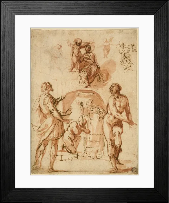 Framed Print : Sketches: Virgin and Child; Virgin and Child with Two Saints; Saint Baptizing Kneeling... n.d. Creator: Giovanni Baglione Framed Print : Sketches: Virgin and Child; Virgin and Child with Two Saints; Saint Baptizing Kneeling... n.d. Creator: Giovanni Baglione
