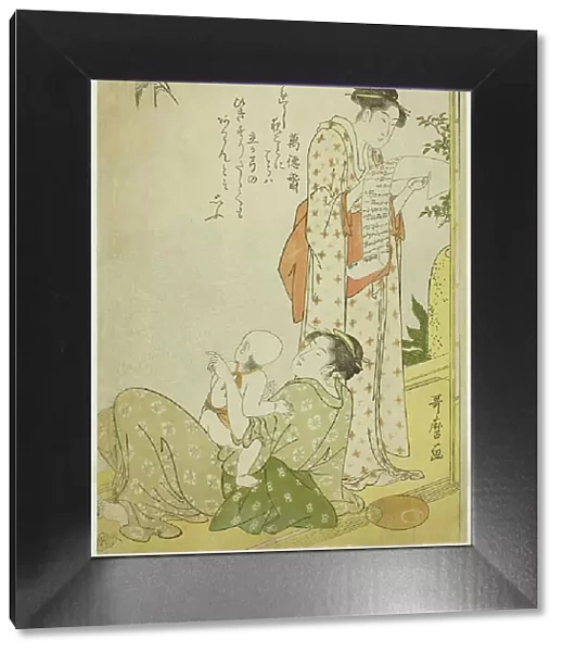 Evening Cool on the Verandah (Ensaki no yusuzumi): Genre scenes with kyoka poems, in... c. 1788 / 90. Creator: Kitagawa Utamaro
