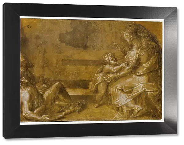 Two Reclining Beggars, and Seated Mother and Child, at Foot of Steps, n.d. Creator: Girolamo Macchietti