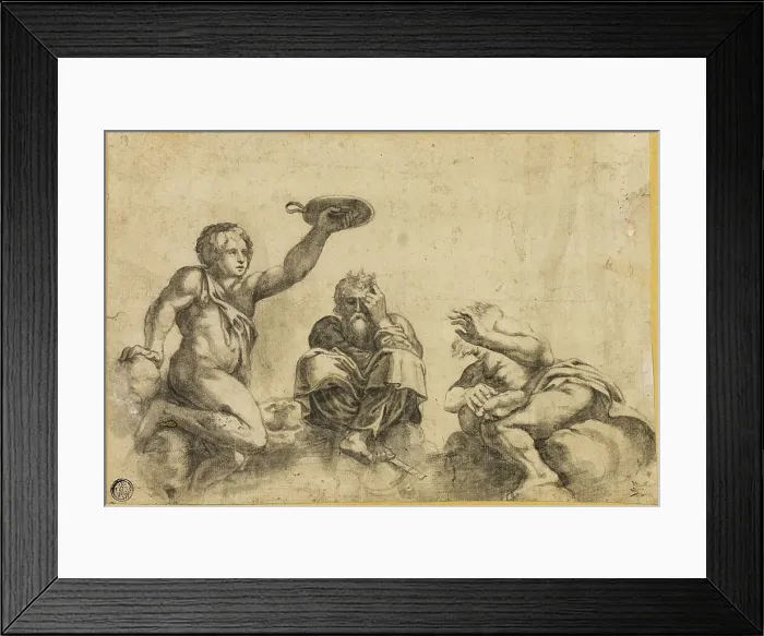 Framed Print : Time Seated on Clouds, Flanked by Two Other Angels, n.d. Creator: Giulio Romano Framed Print : Time Seated on Clouds, Flanked by Two Other Angels, n.d. Creator: Giulio Romano