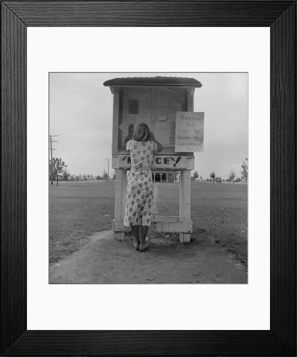 Framed Print : Campers bulletin board, Shafter camp, California, 1938. Creator: Dorothea Lange Framed Print : Campers bulletin board, Shafter camp, California, 1938. Creator: Dorothea Lange