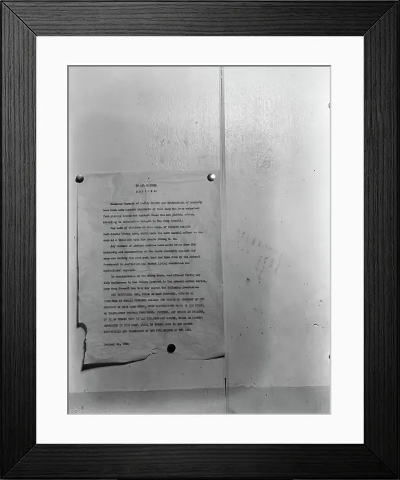 Framed Print : Camp bulletin board in Shafter camp for migratory workers, FSA camp, California, 1938. Creator: Dorothea Lange Framed Print : Camp bulletin board in Shafter camp for migratory workers, FSA camp, California, 1938. Creator: Dorothea Lange
